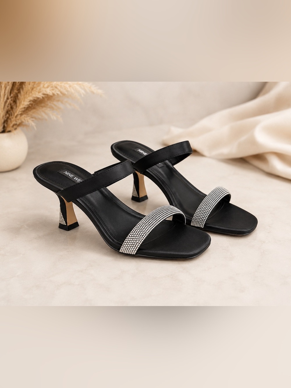 Nine West Shimme Sandals Women’s 9.5 Black Rhinestone Spool Heel Dress Shoes